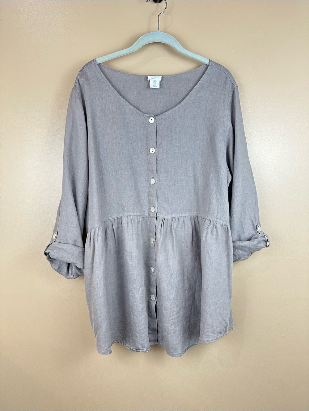 Sigrid Olsen 100% Linen Tunic Blouse XL Gray Button Front Roll Tab Lagenlook